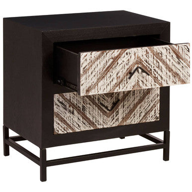 Black Wooden 2-Drawer Bedside Table with Chevron Pattern Drawer Fronts and Metal Handles, Lombok