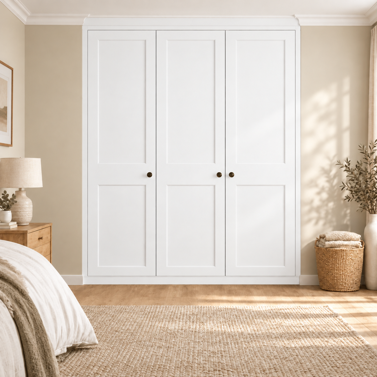 3 Door 2 Panel Shaker Front Frame Fitted Wardrobe in matt White, premium UK bedroom