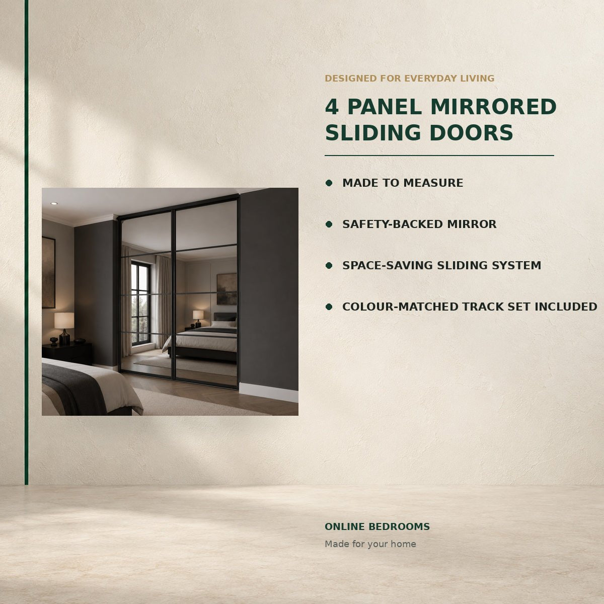 4 Panel Mirrored Sliding Wardrobe Doors- Widths Available 1262mm - 2070mm 2 - Online Bedrooms