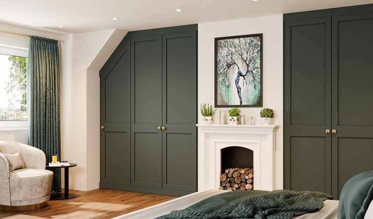 Two olive green fitted wardrobes in a bedroom with a fire place in between them