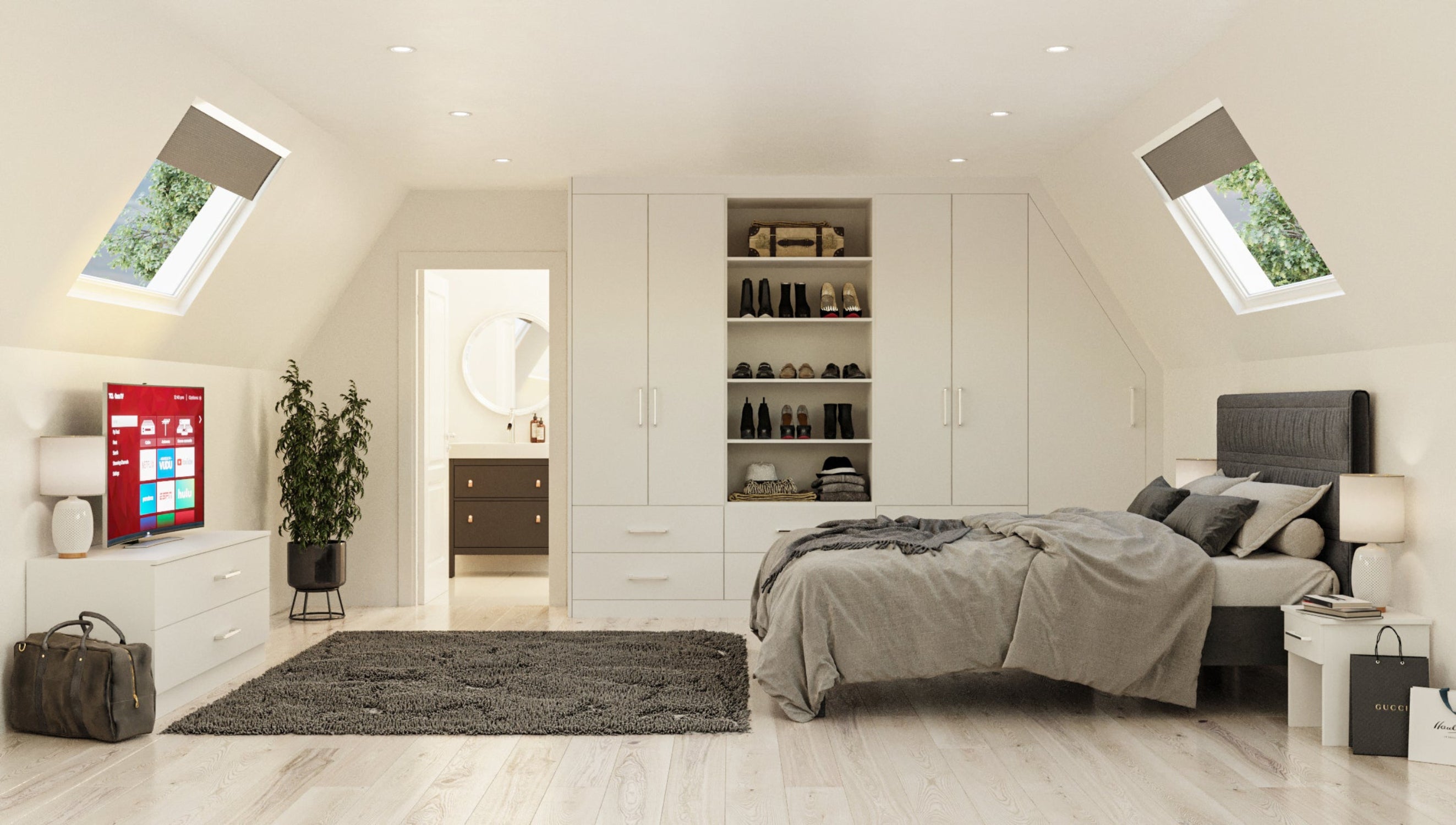 White angled fitted wardrobe with a central shelf showcasing organised shoe racks in a bedroom