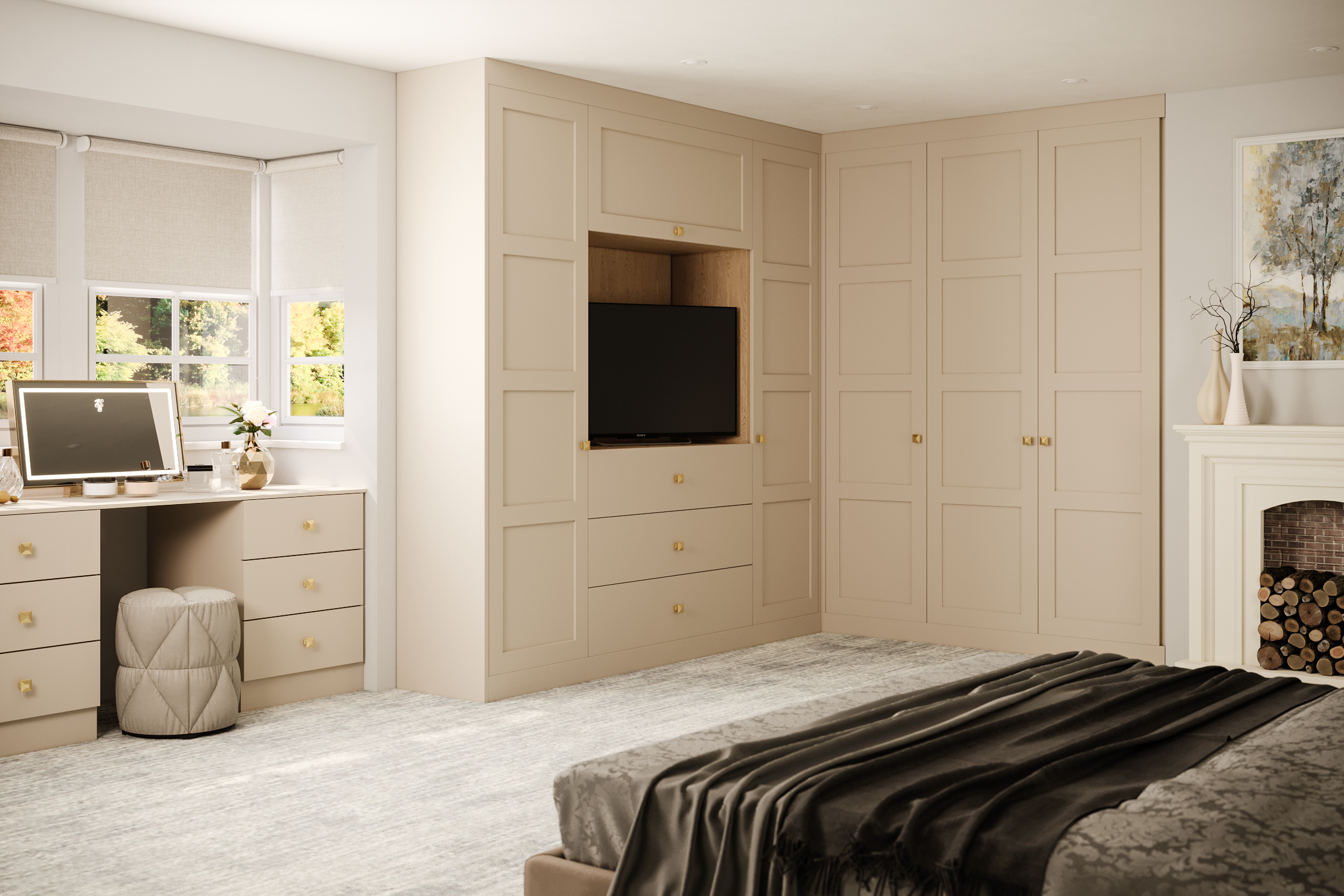 Cashmere-toned corner wardrobe with integrated open shelving and a TV in a bedroom
