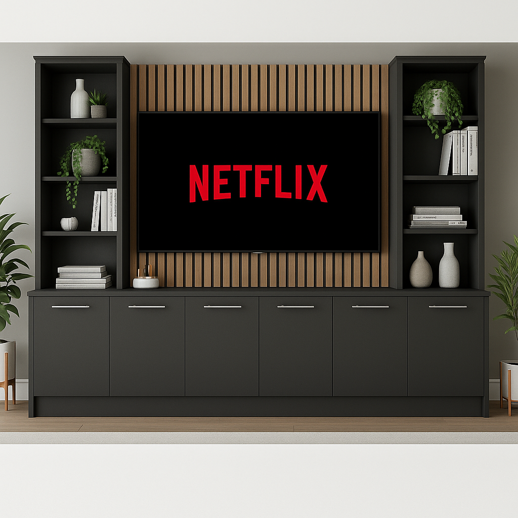 Tall Media Wall Entertainment Base & Double Shelving Unit - For Up to 100" TVs