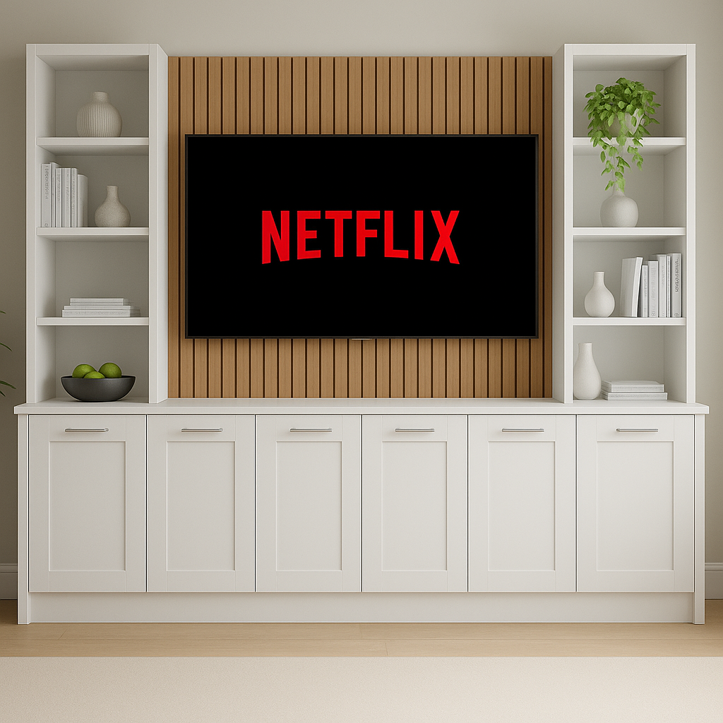 Tall Media Wall Entertainment Base & Double Shelving Unit - For Up to 100" TVs