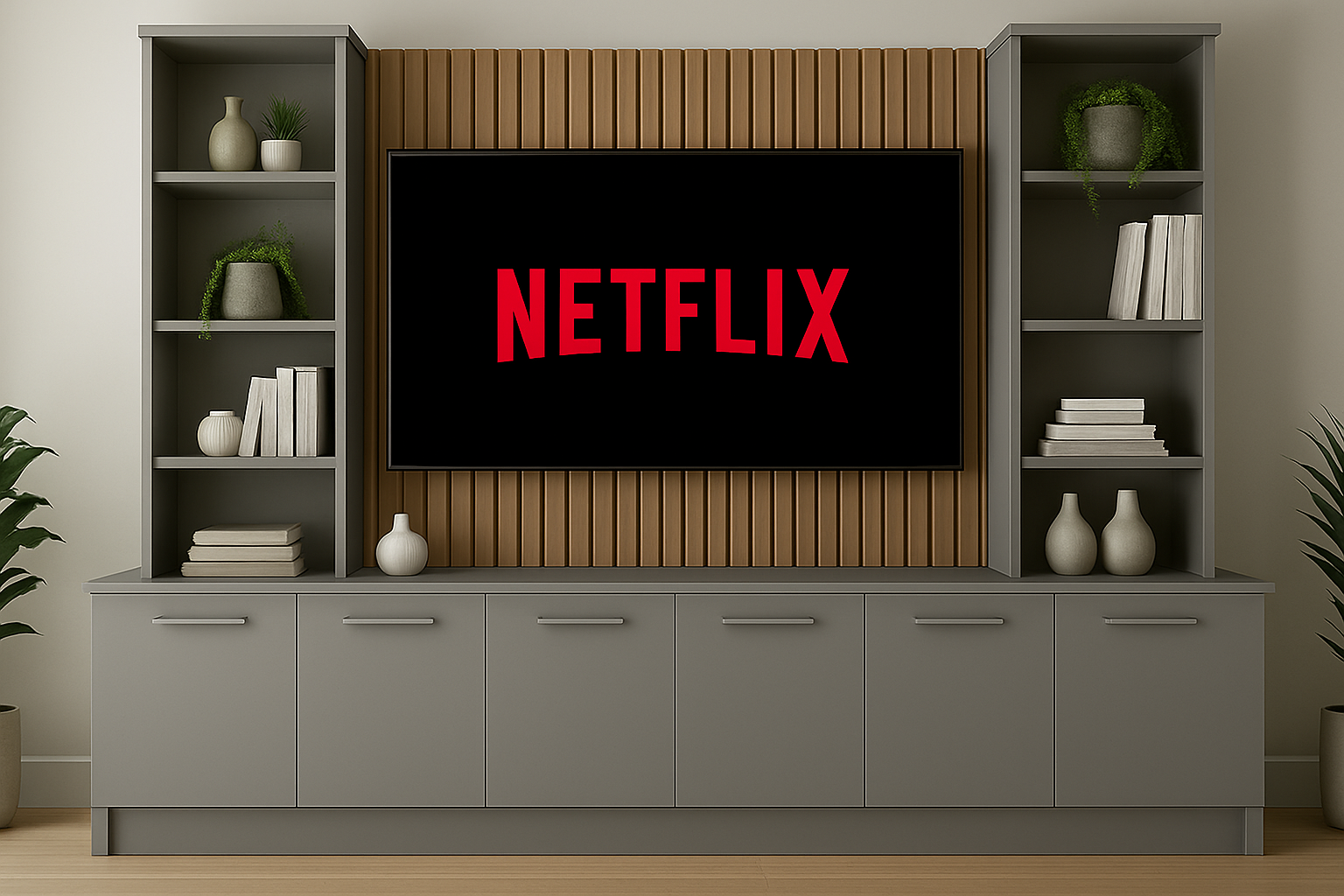 Tall Media Wall Entertainment Base & Double Shelving Unit - For Up to 100" TVs