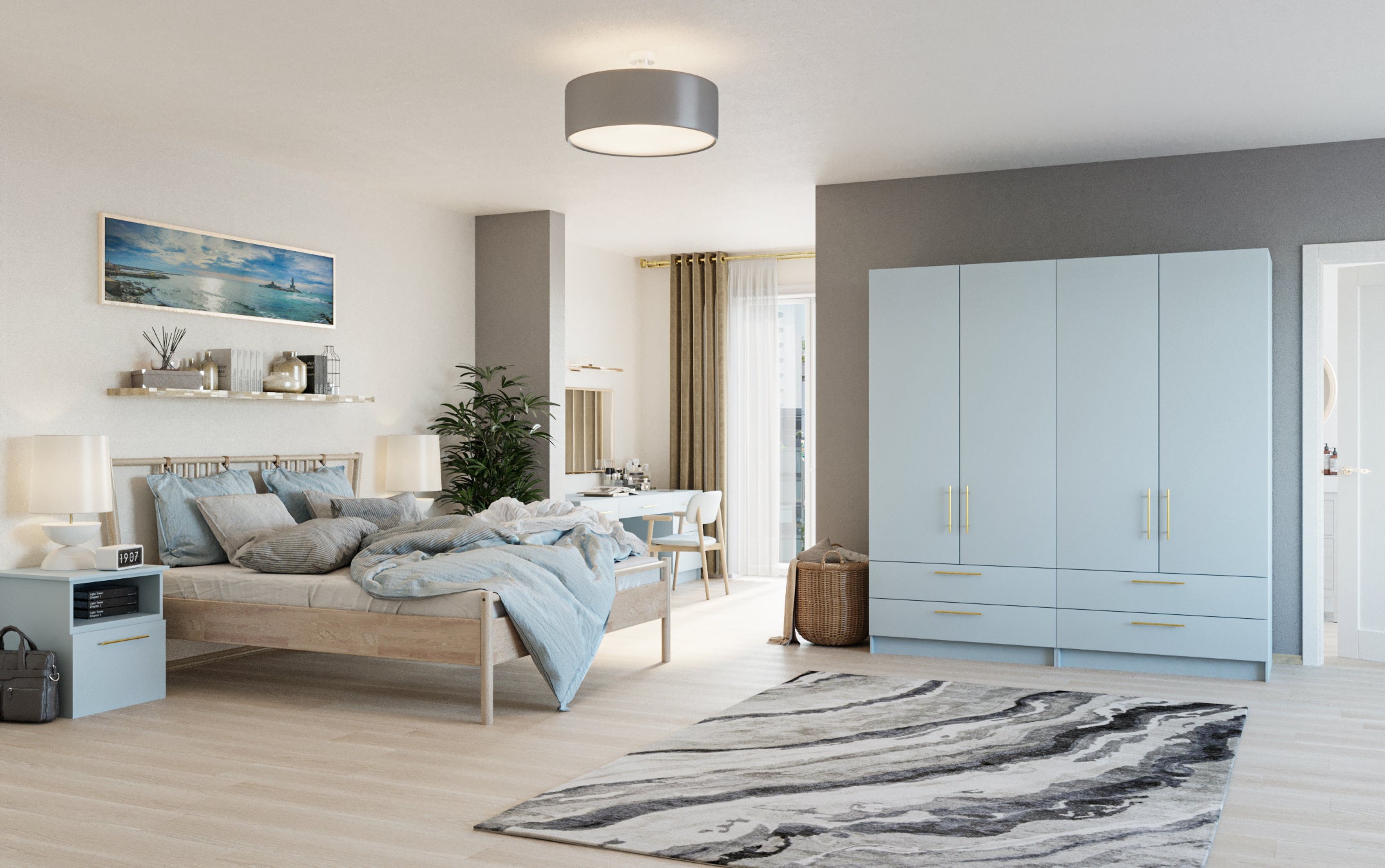 Modern bedroom with light blue wardrobe, bed, and decor