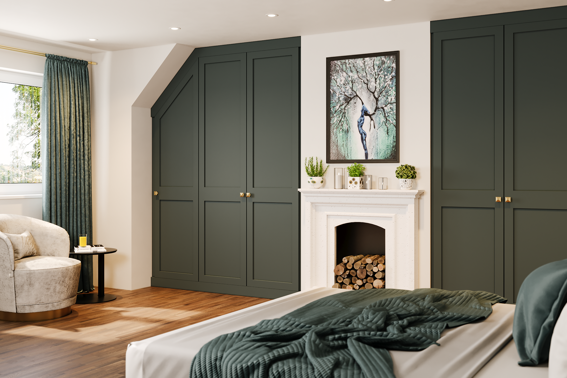 two forest green wardrobes with a fire place in the middle