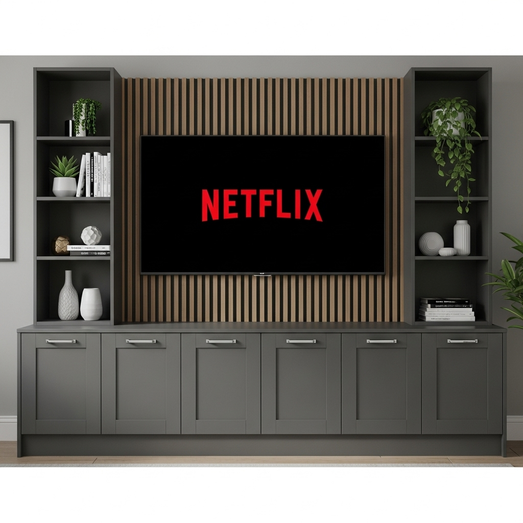 Tall Media Wall Entertainment Shaker Door Base & Double Shelving Unit - For Up to 100" TVs