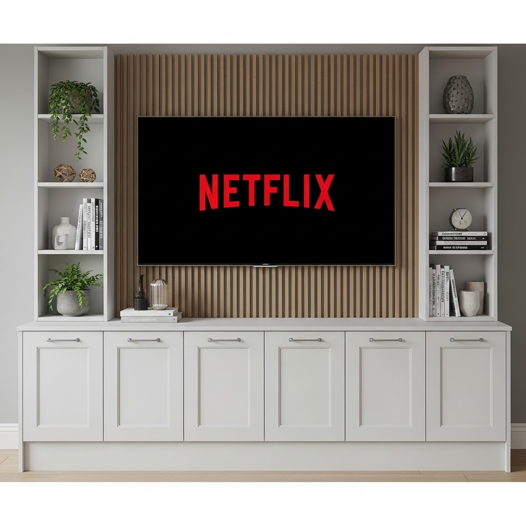 Tall Media Wall Entertainment Shaker Door Base & Double Shelving Unit - For Up to 100" TVs