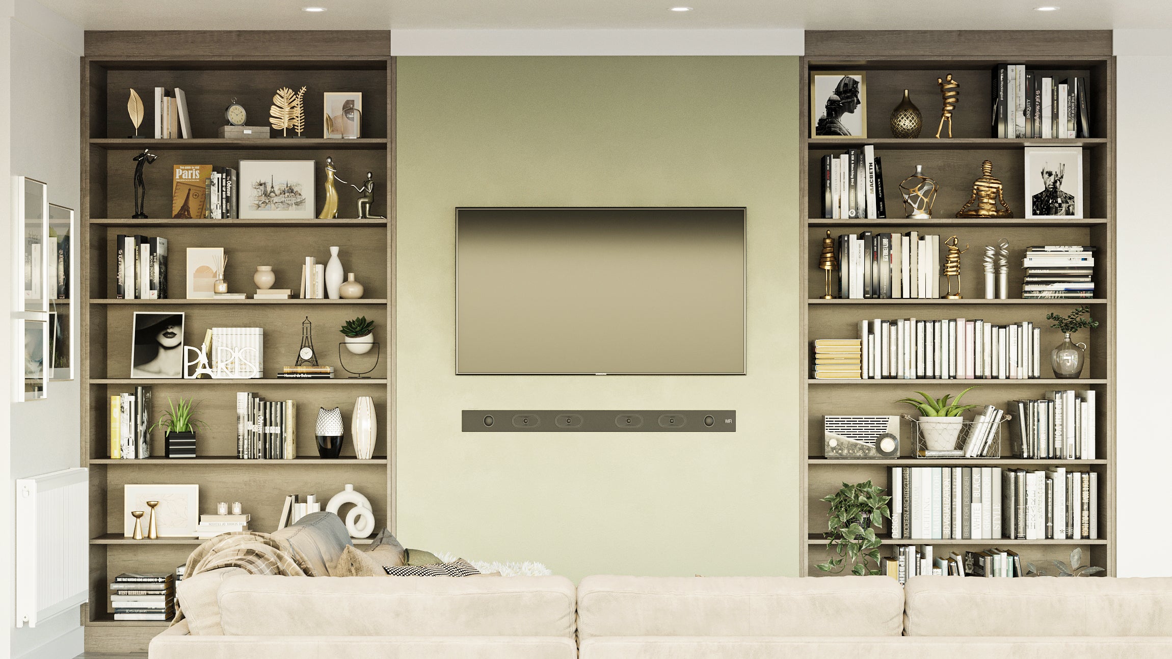 Two fitted bookshelves with a wall in between