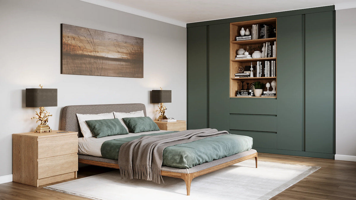 Modern bedroom with a bed, nightstands, and a wardrobe with shelves.