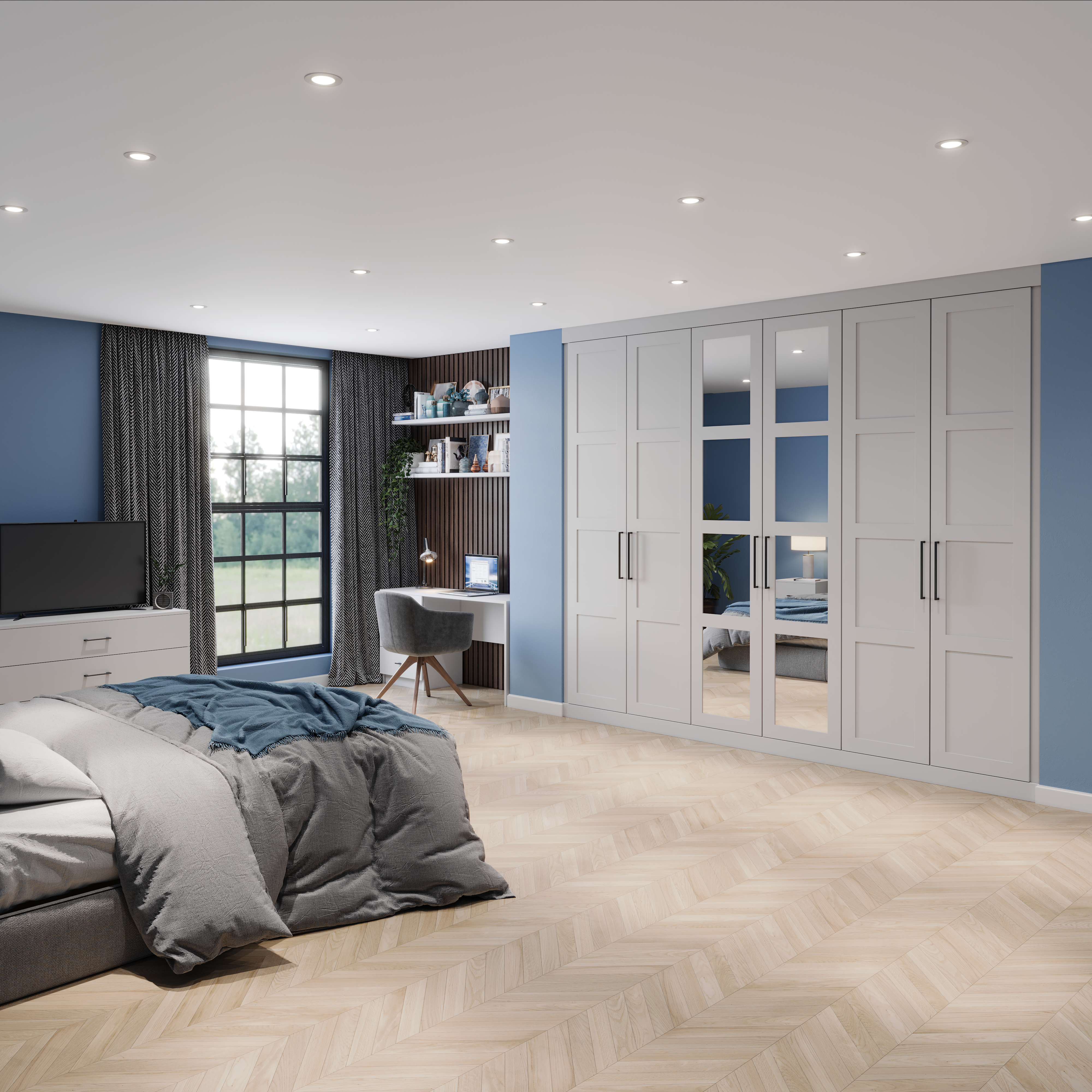 A bedroom with a light grey fitted wardrobe and a mirror panel on the middle one
