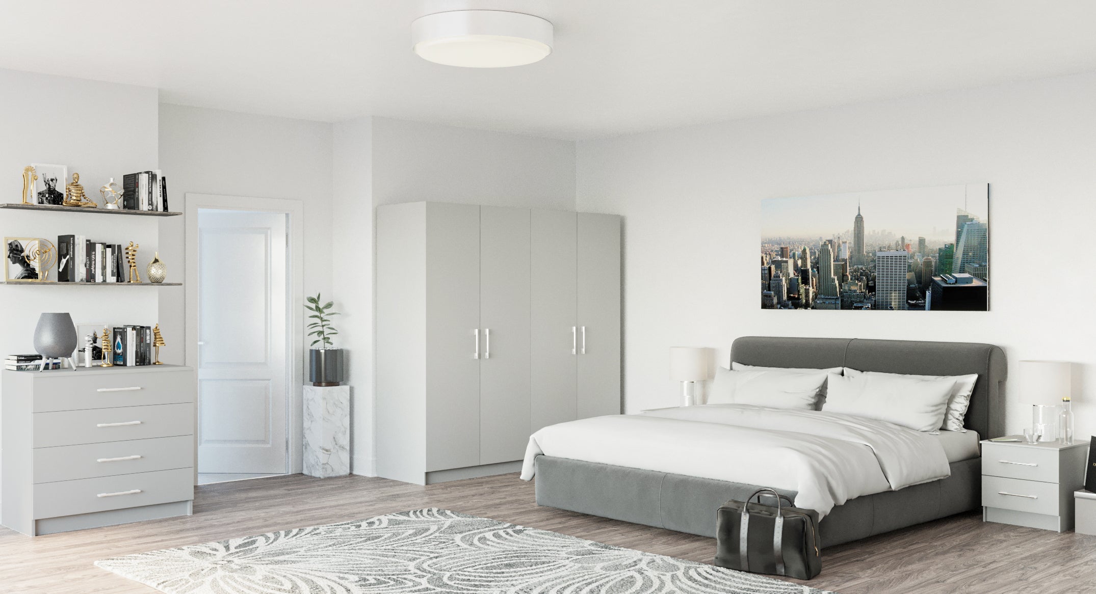 Modern bedroom with gray bed, wardrobe, and cityscape wall art