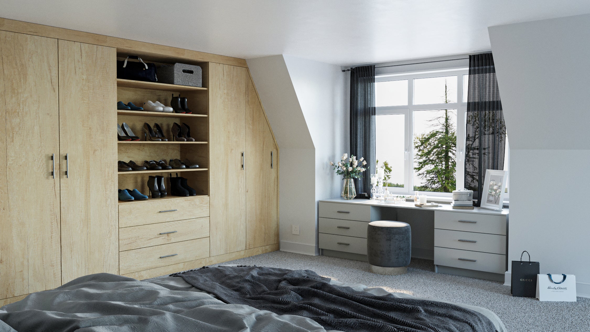 A bedroom with an oak fitted wardrobe, that has an open shelf with shoes on