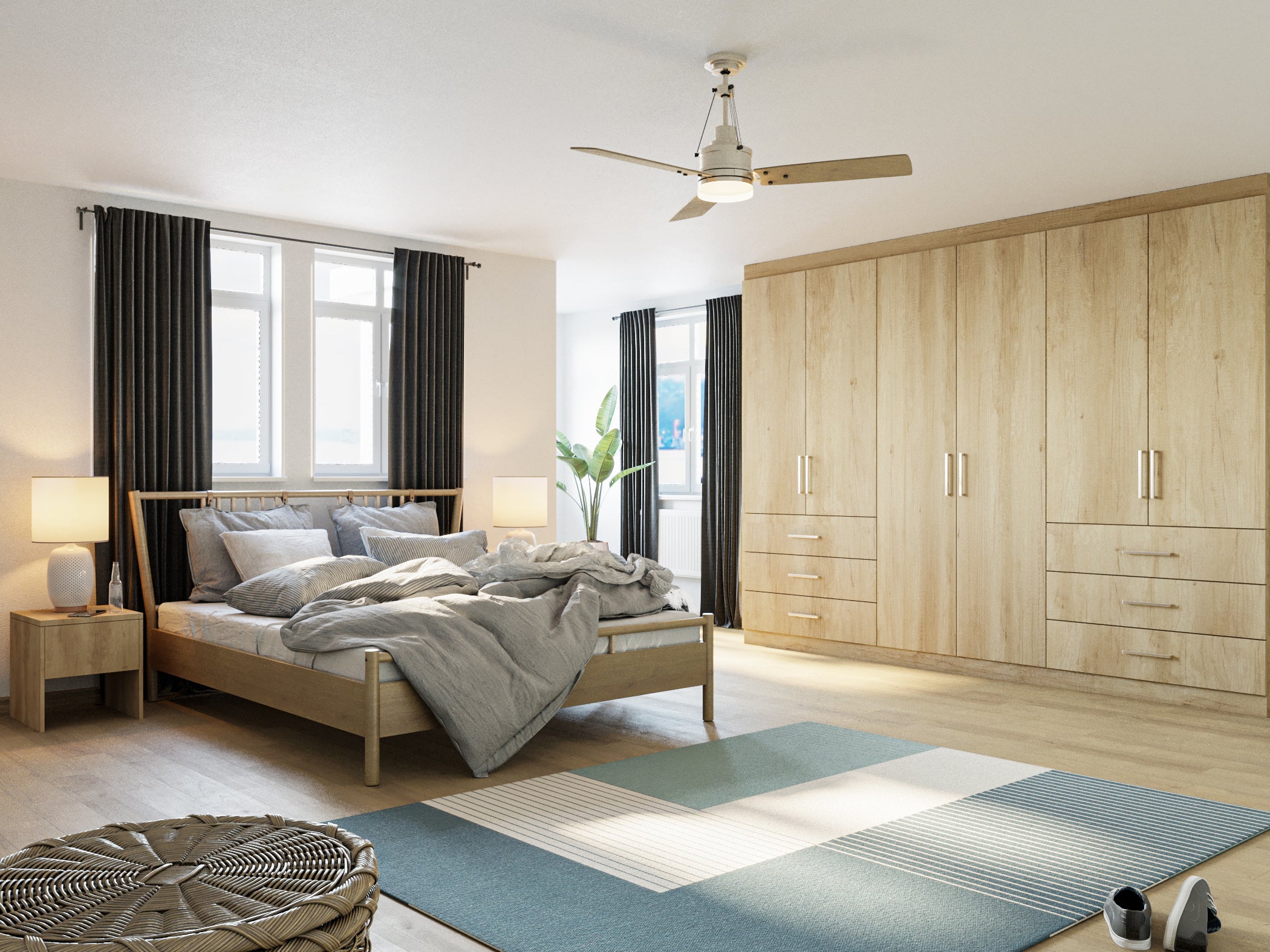 Oak fitted wardrobe in a bedroom