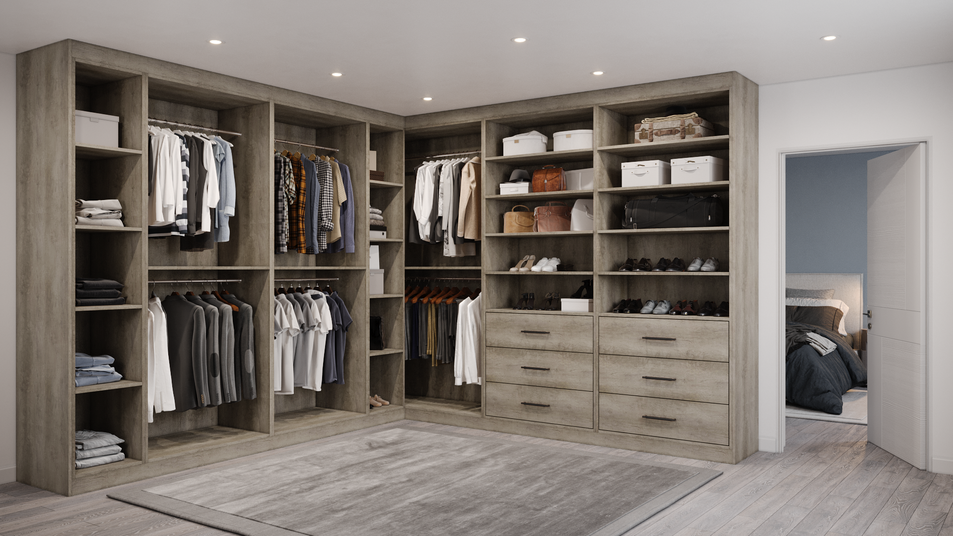 Oak corner fitted wardrobe with built-in drawers and open shelving, displaying hanging clothes and shoes