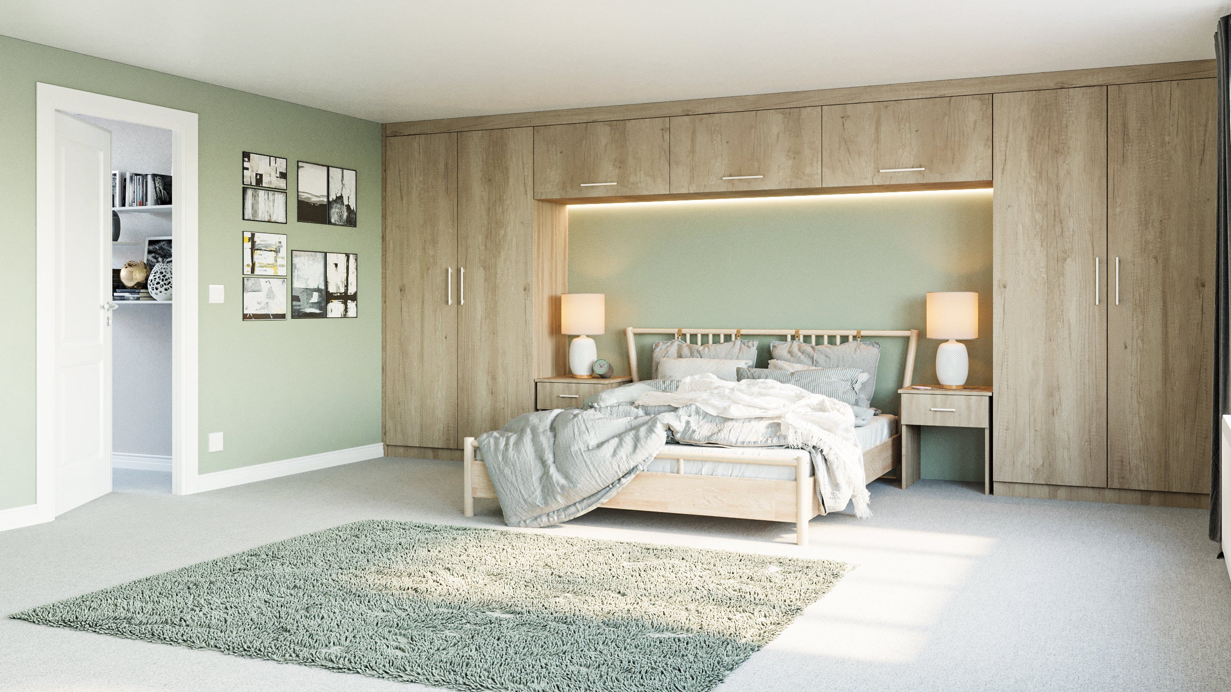Built-in wardrobe with an arched design that spans over the bed in the middle of the bedroom