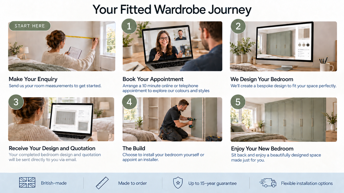 Your fitted wardrobe journey: enquiry, appointment, bedroom design, quotation, installation and your finished bedroom.