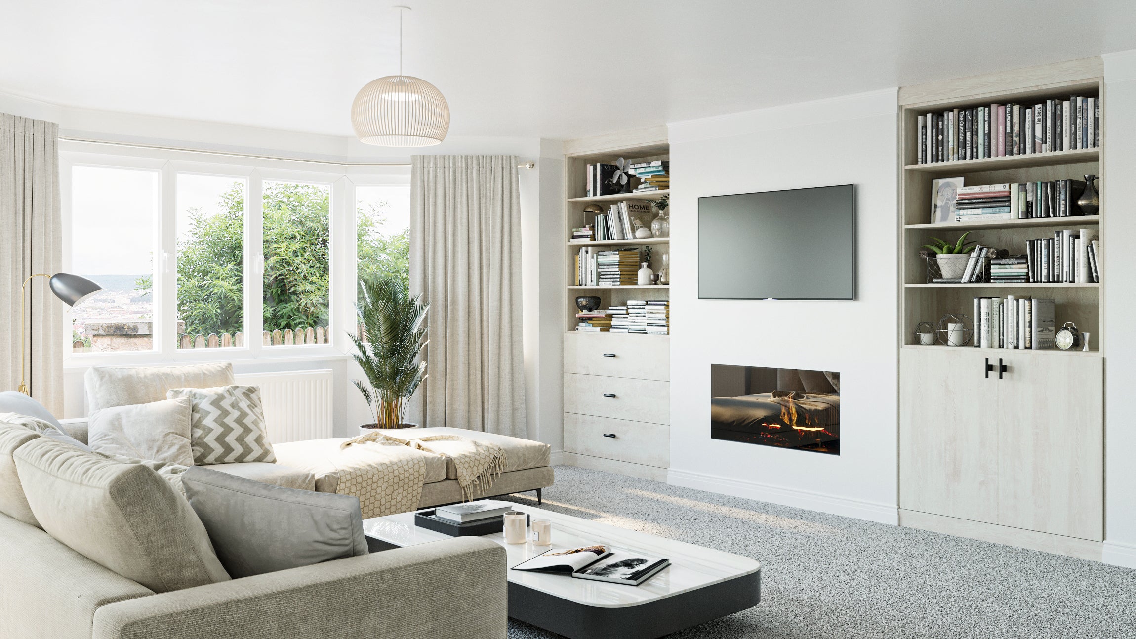 Two white pine fitted bookshelves in a living room