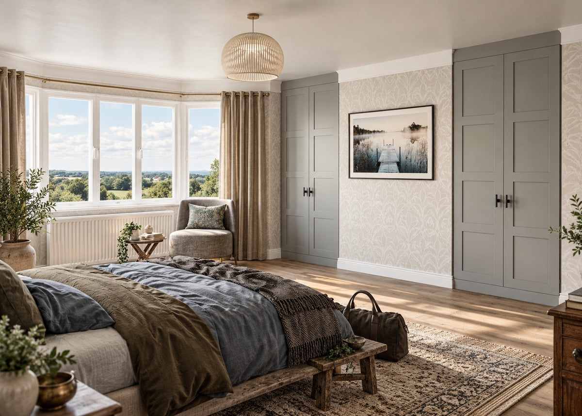 Vintage luxury bedroom with matt Dust Grey four-panel Shaker alcove wardrobes
