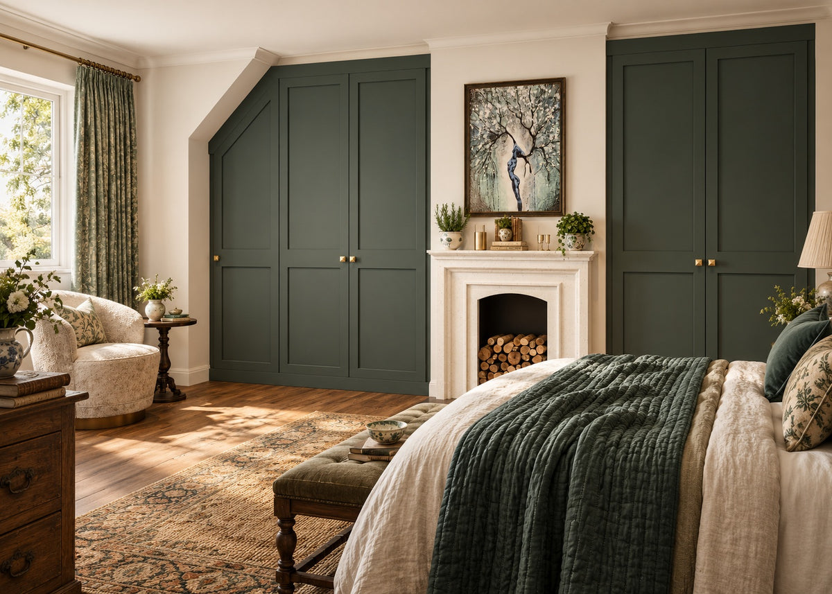 Vintage Forest Green two-panel Shaker angled fitted wardrobes