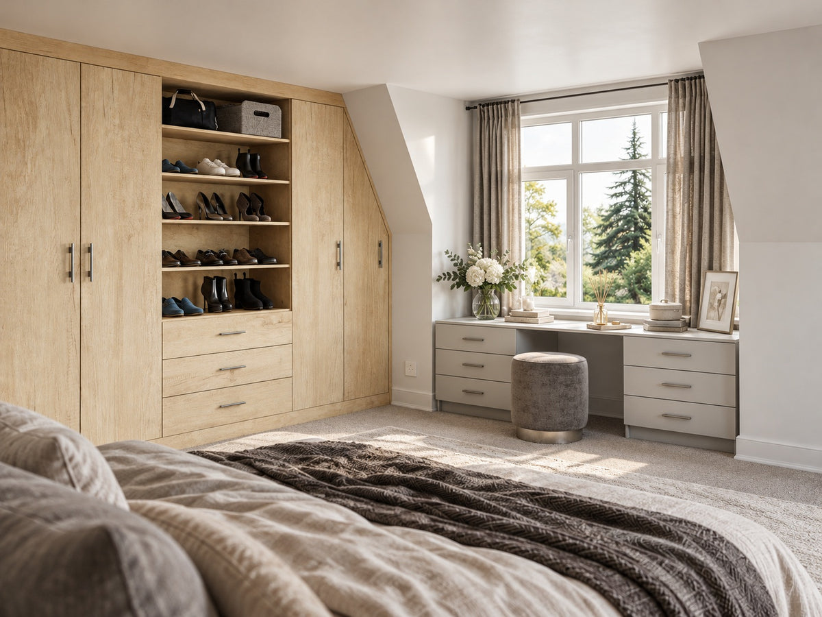 Natural Nebraska oak angled wardrobe with shelves and drawers