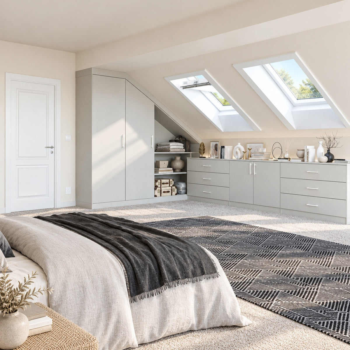 Light grey fitted loft storage following the roof slope