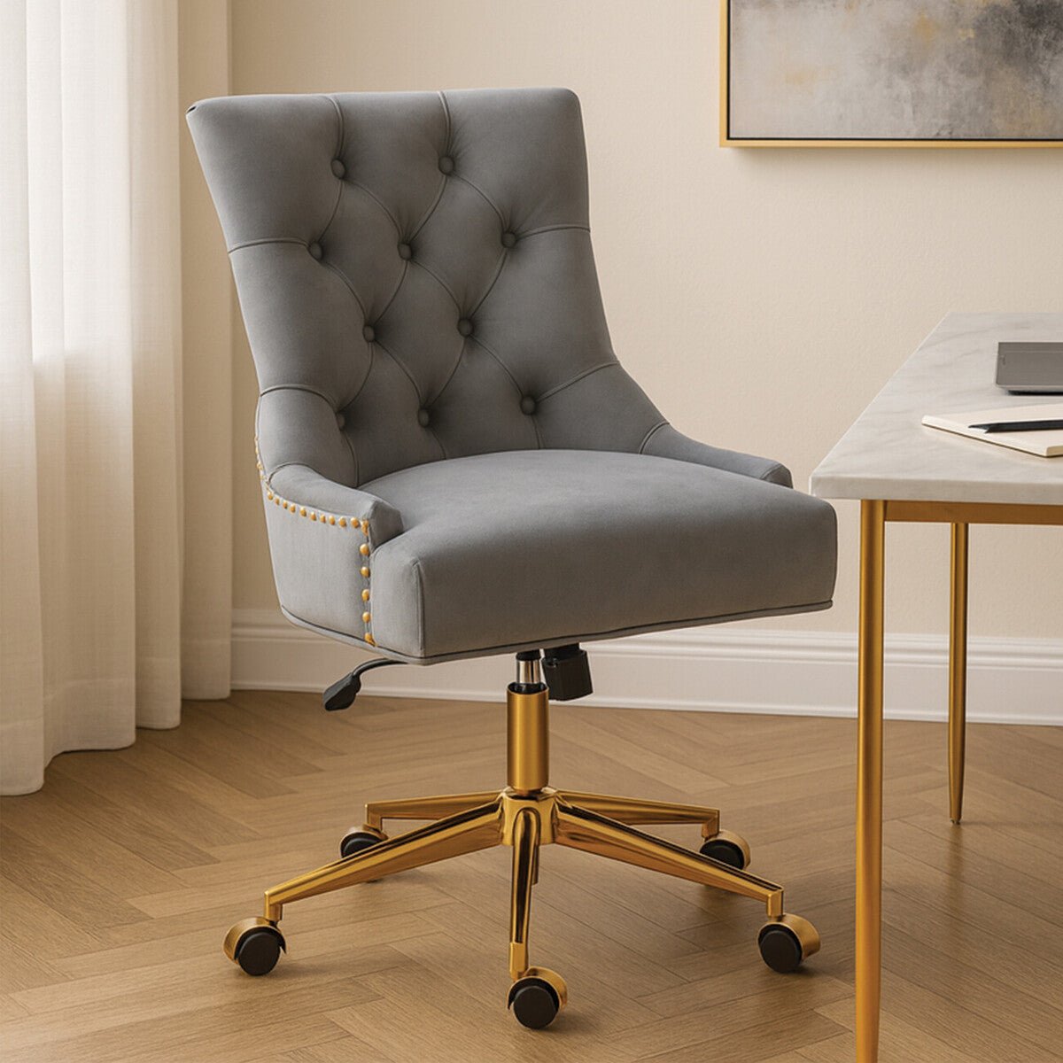 Anita Grey Velvet and Gold Base Home Office Chair 1 - Online Bedrooms