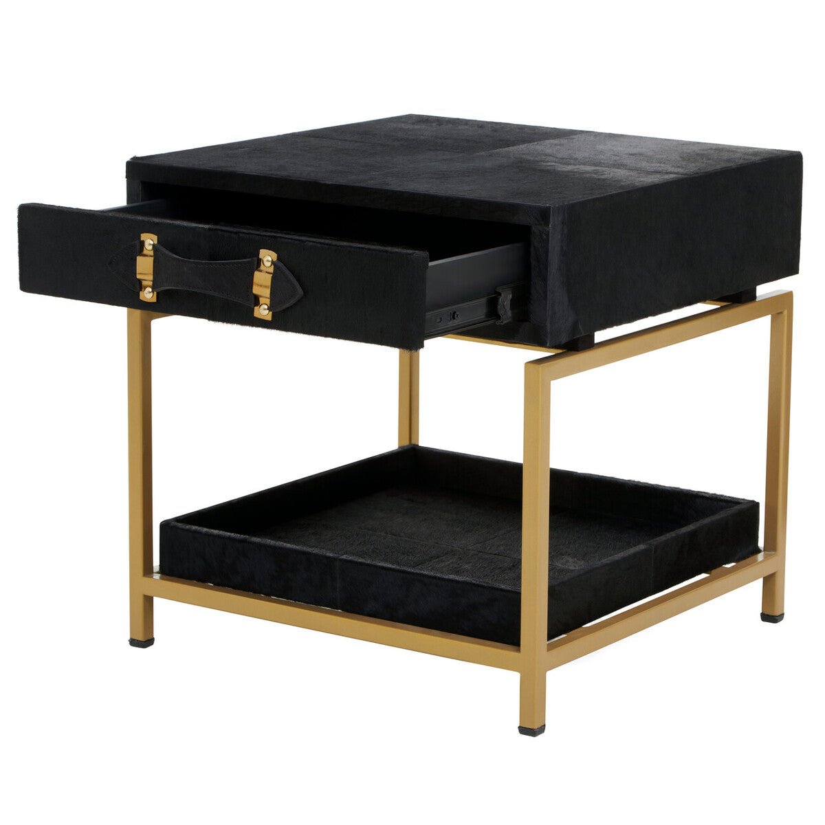 Black Hair - On - Hide Leather Bedside Table with Gold Metal Frame and 1 Drawer, Kensington Townhouse 3 - Online Bedrooms