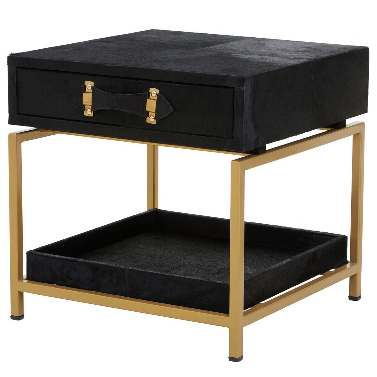 Black Hair - On - Hide Leather Bedside Table with Gold Metal Frame and 1 Drawer, Kensington Townhouse 2 - Online Bedrooms
