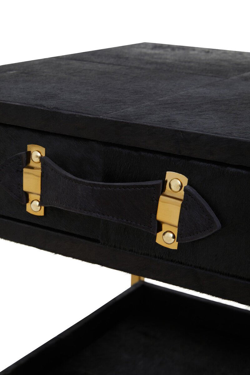 Black Hair - On - Hide Leather Bedside Table with Gold Metal Frame and 1 Drawer, Kensington Townhouse 6 - Online Bedrooms