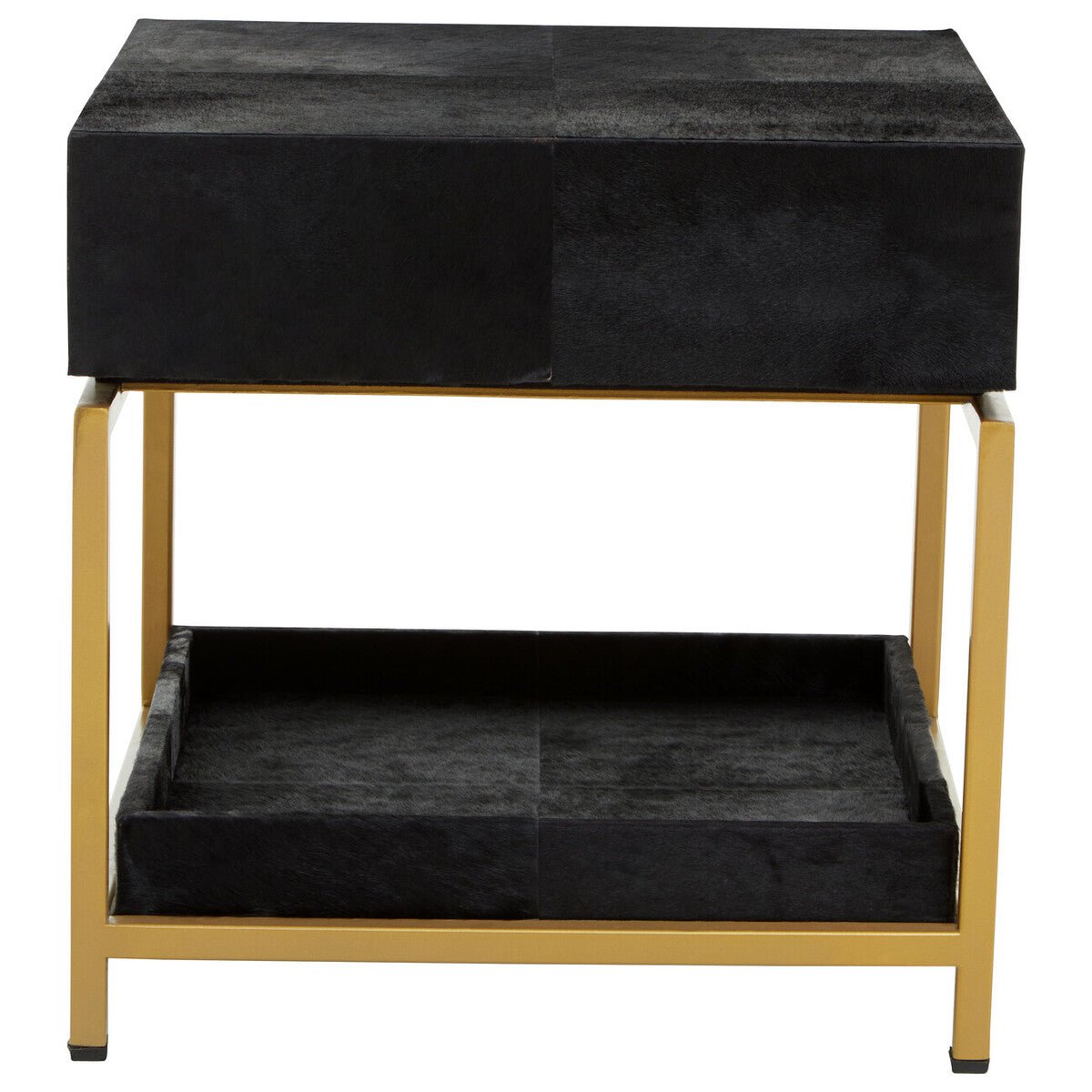 Black Hair - On - Hide Leather Bedside Table with Gold Metal Frame and 1 Drawer, Kensington Townhouse 5 - Online Bedrooms