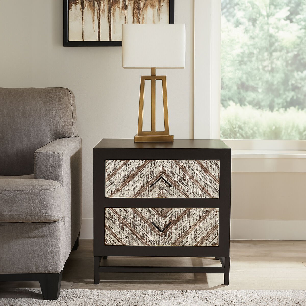 Black Wooden 2 - Drawer Bedside Table with Chevron Pattern Drawer Fronts and Metal Handles, Lombok 1 - Online Bedrooms