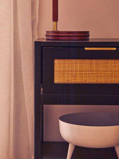 Black Wooden Bedside Table with Natural Rattan 1 Drawer, Sherman 8 - Online Bedrooms