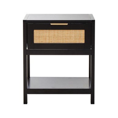 Black Wooden Bedside Table with Natural Rattan 1 Drawer, Sherman 2 - Online Bedrooms