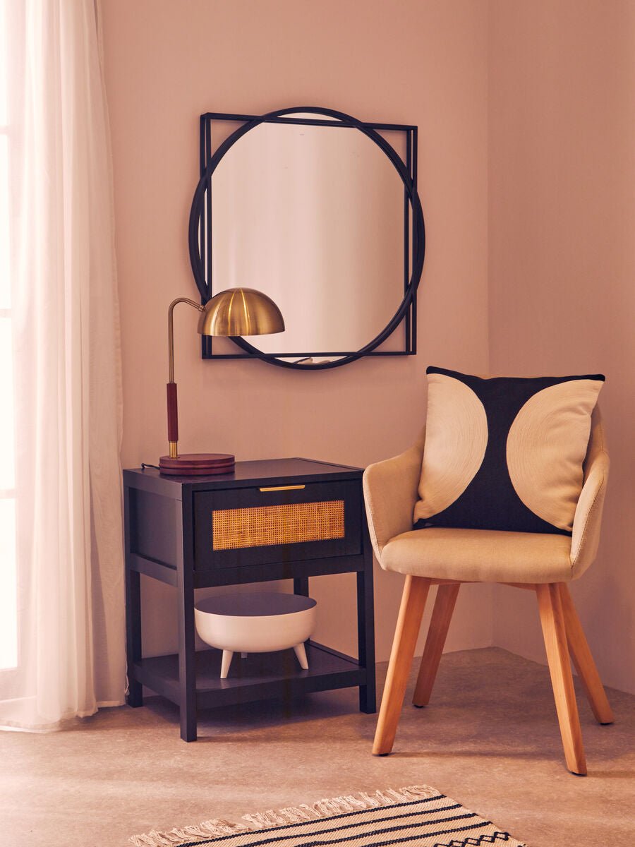 Black Wooden Bedside Table with Natural Rattan 1 Drawer, Sherman 3 - Online Bedrooms