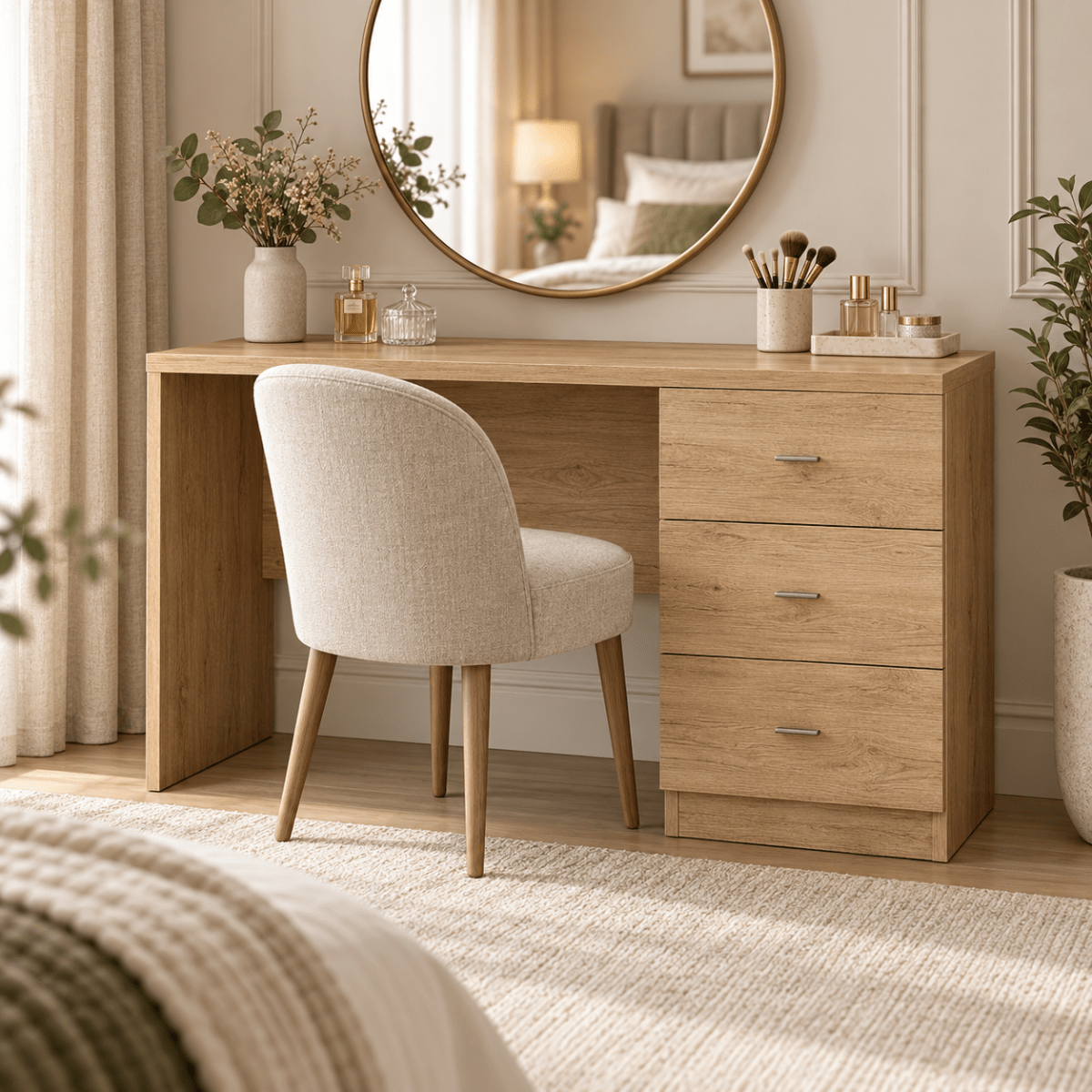 Linby 3 Drawer Dressing Table in Natural Nebraska Oak with right-hand drawers