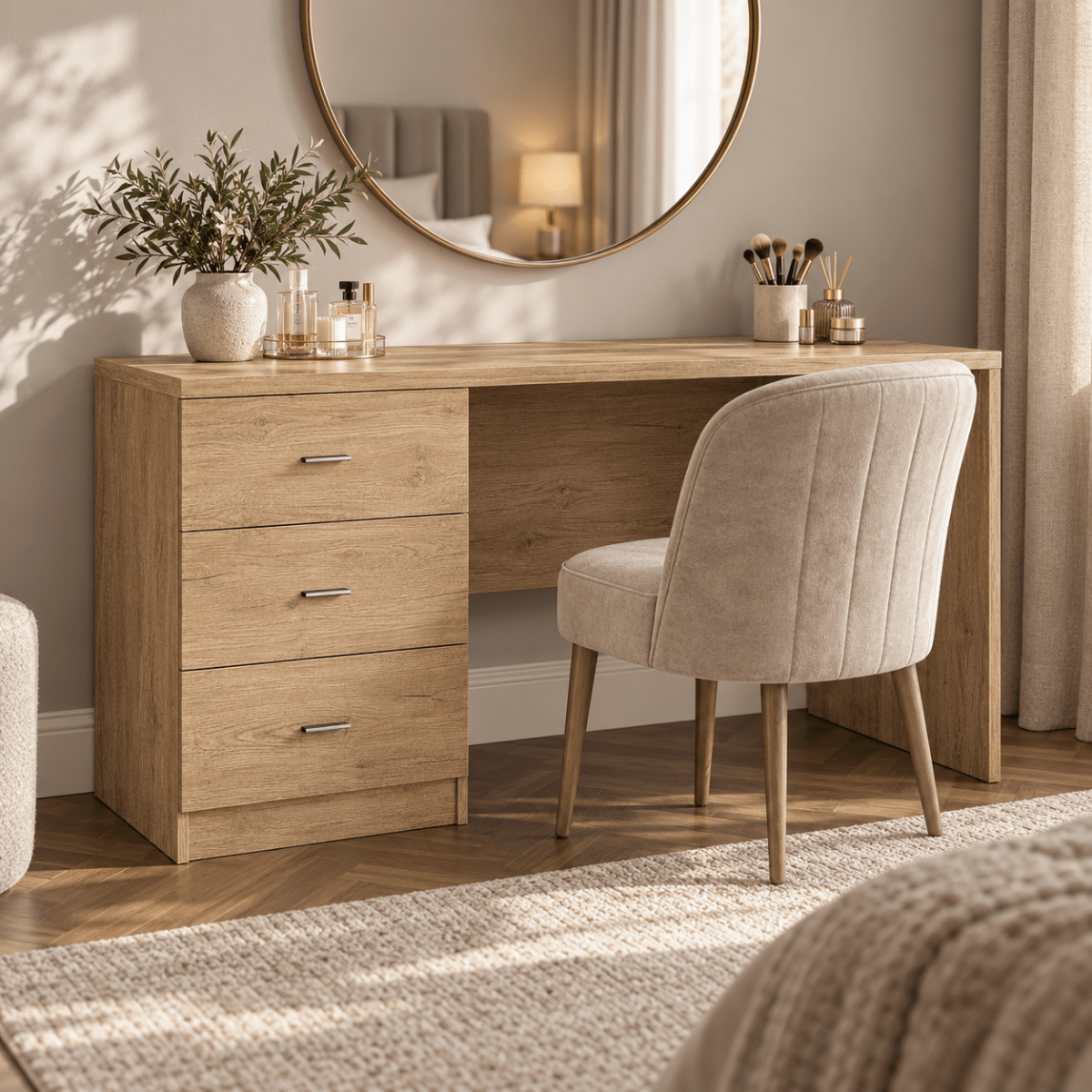 Linby 3 Drawer Dressing Table in Natural Nebraska Oak with left-hand drawers