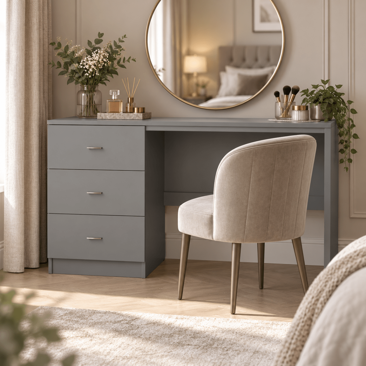 Linby 3 Drawer Dressing Table in Dust Grey with left-hand drawers