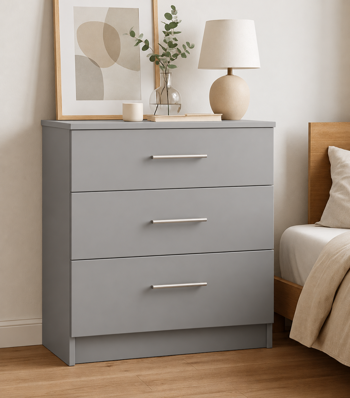 Chest of Drawers - 3 Drawers, Light Grey, full-width overlay drawer fronts