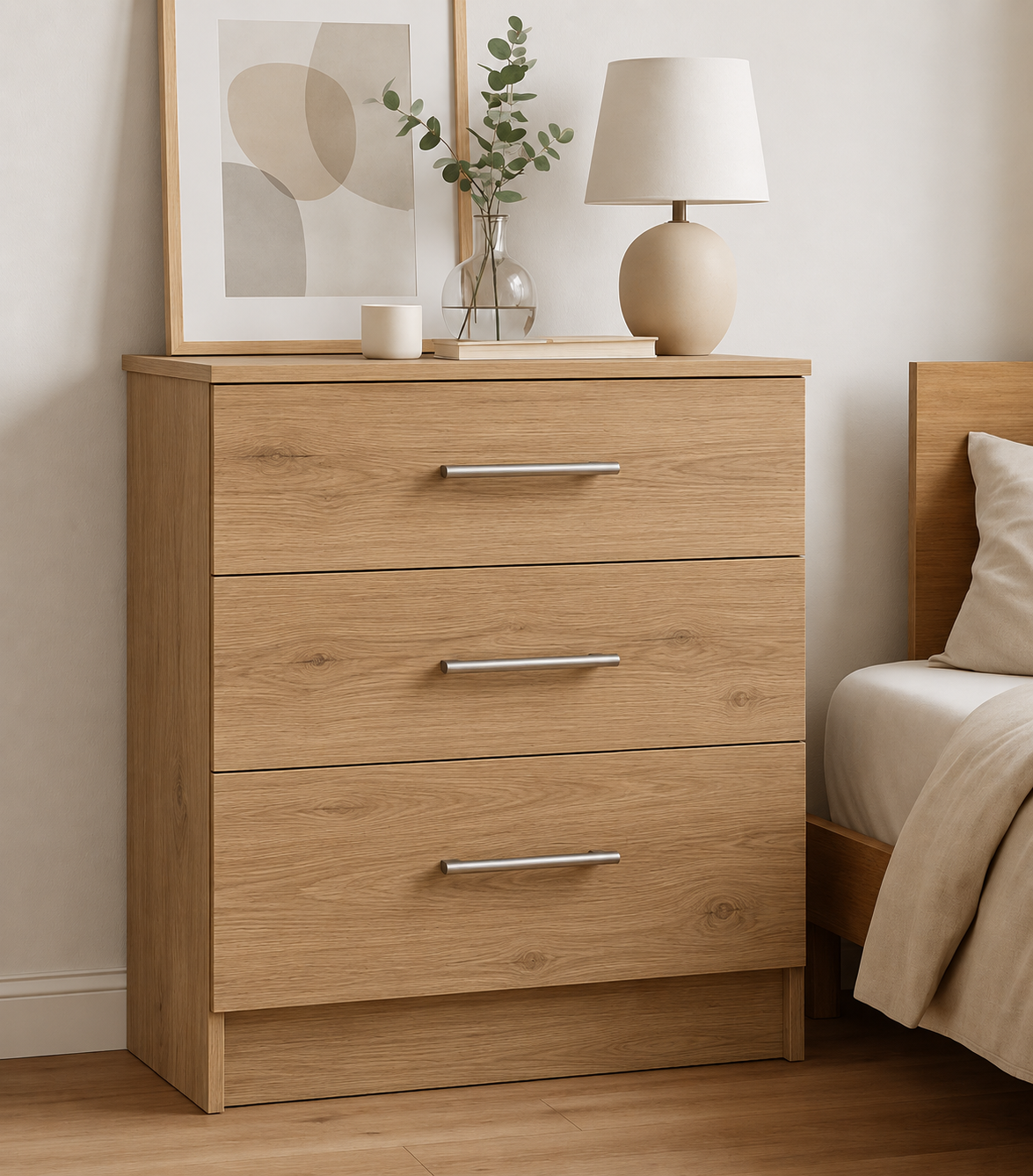 Chest of Drawers - 3 Drawers, Natural Nebraska Oak, full-width overlay drawer fronts