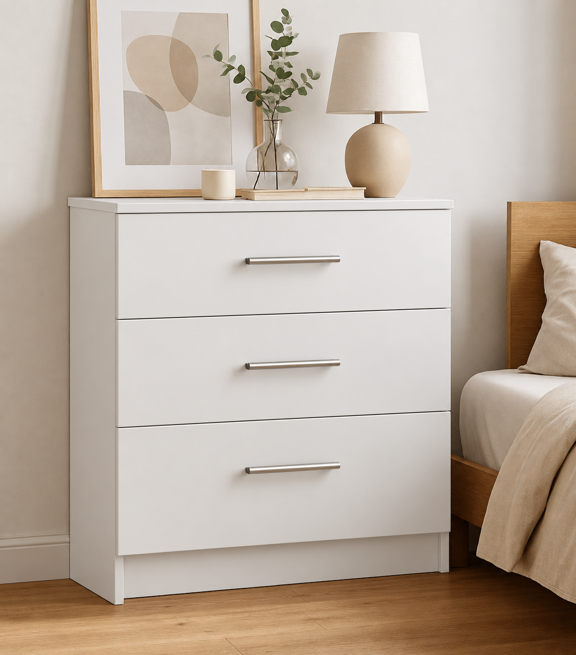 Chest of Drawers - 3 Drawers, White, full-width overlay drawer fronts