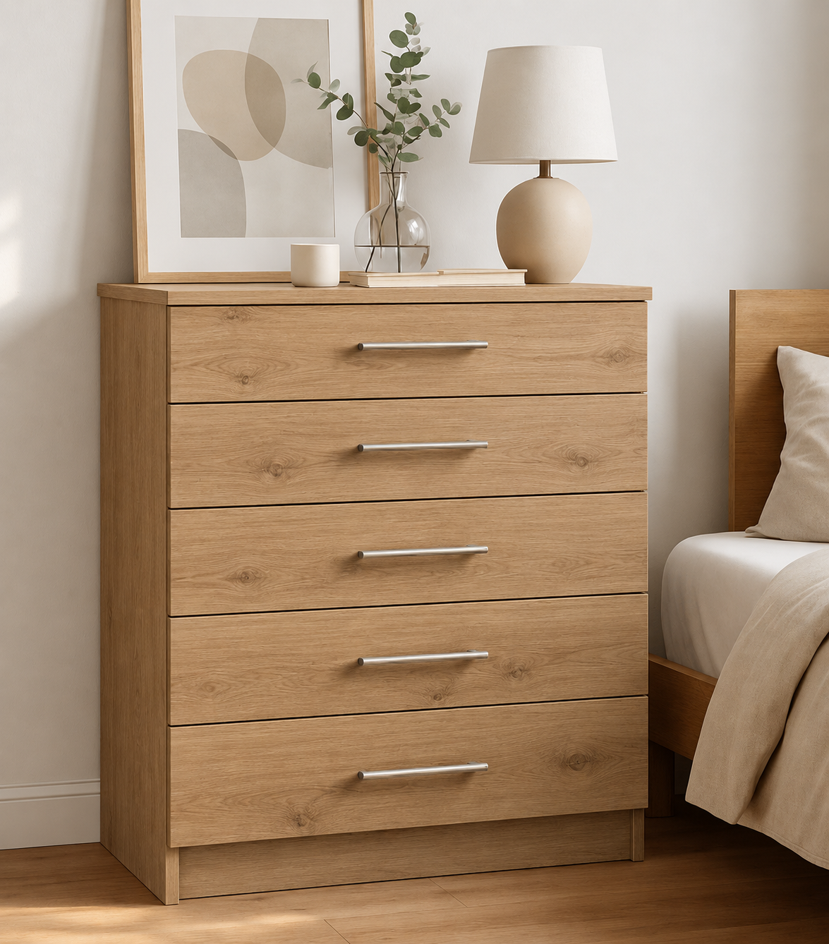 Chest of Drawers - 5 Drawers, Natural Nebraska Oak, full-width overlay drawer fronts