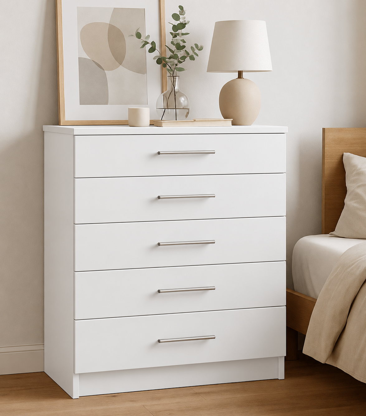 Chest of Drawers - 5 Drawers, White, full-width overlay drawer fronts