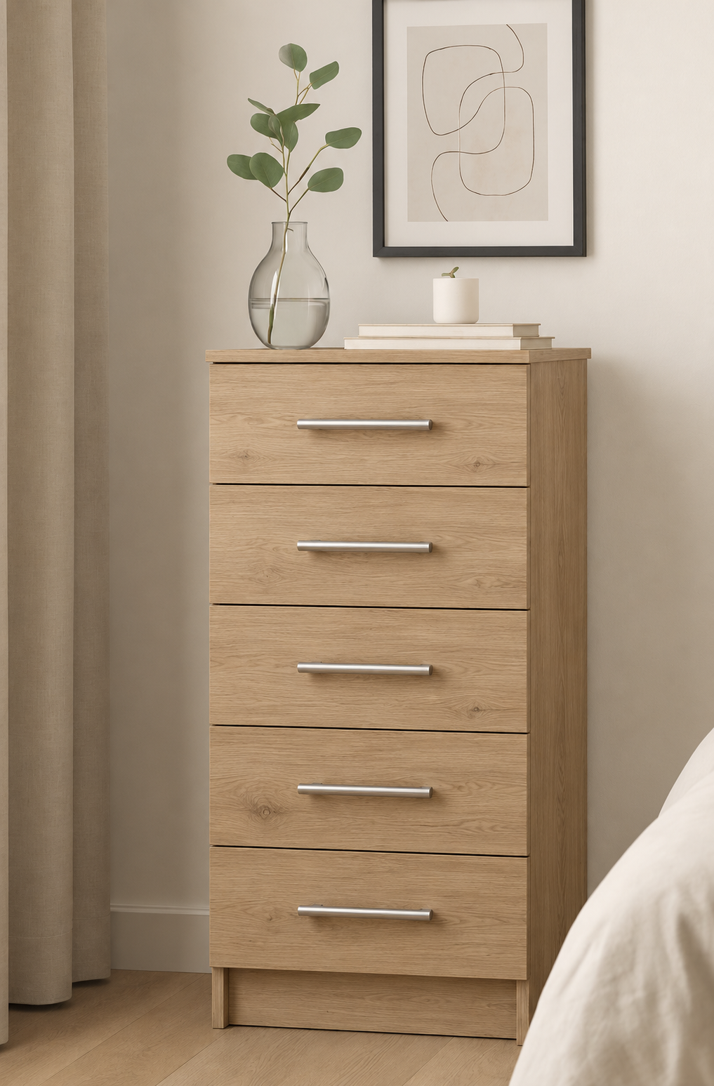 Chest of Drawers - 5 Drawers (Narrow), Natural Nebraska Oak, corrected narrow proportions