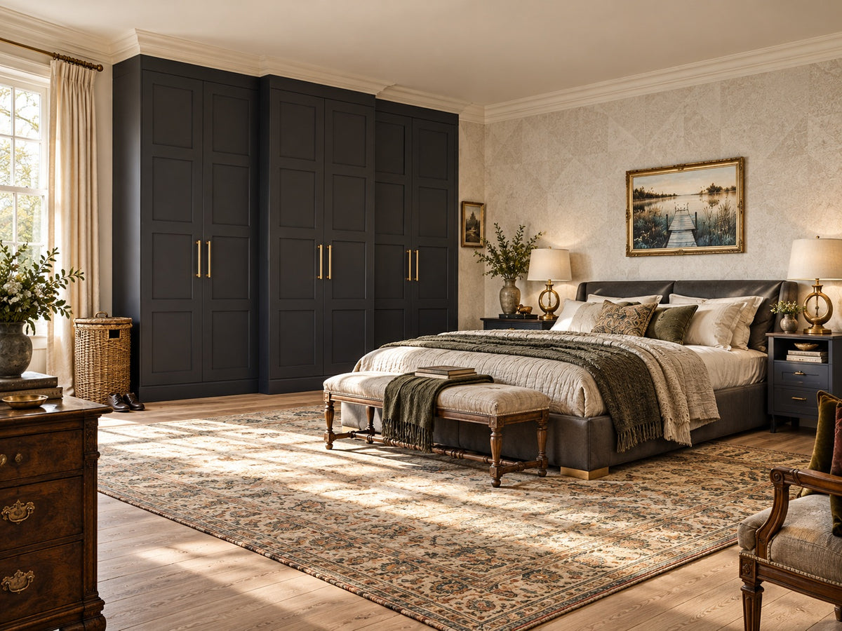 Luxury vintage bedroom with stepped six-door charcoal Shaker wardrobe around a chimney breast