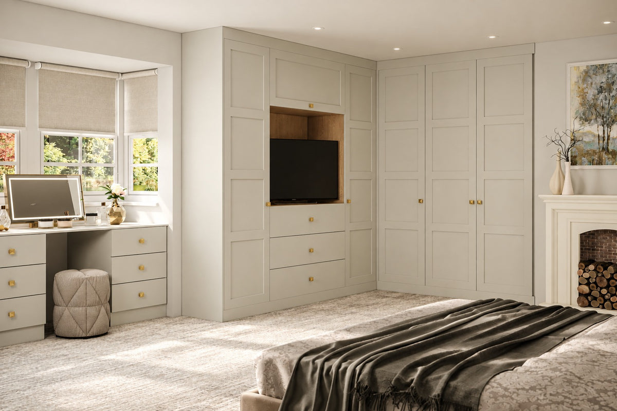 Matt Mussel four-panel Shaker corner wardrobe with matching dressing table