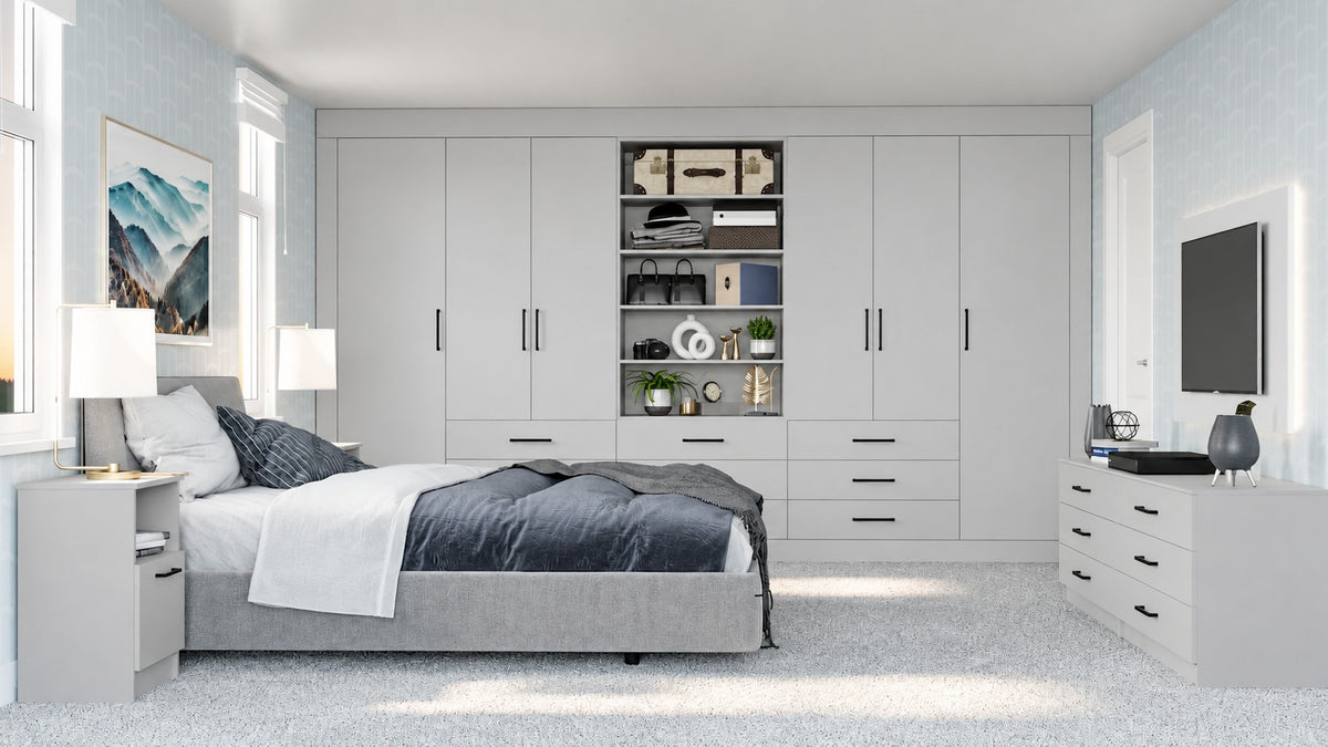 Matt Light Grey fitted bedroom furniture with smooth wardrobe doors and black handles