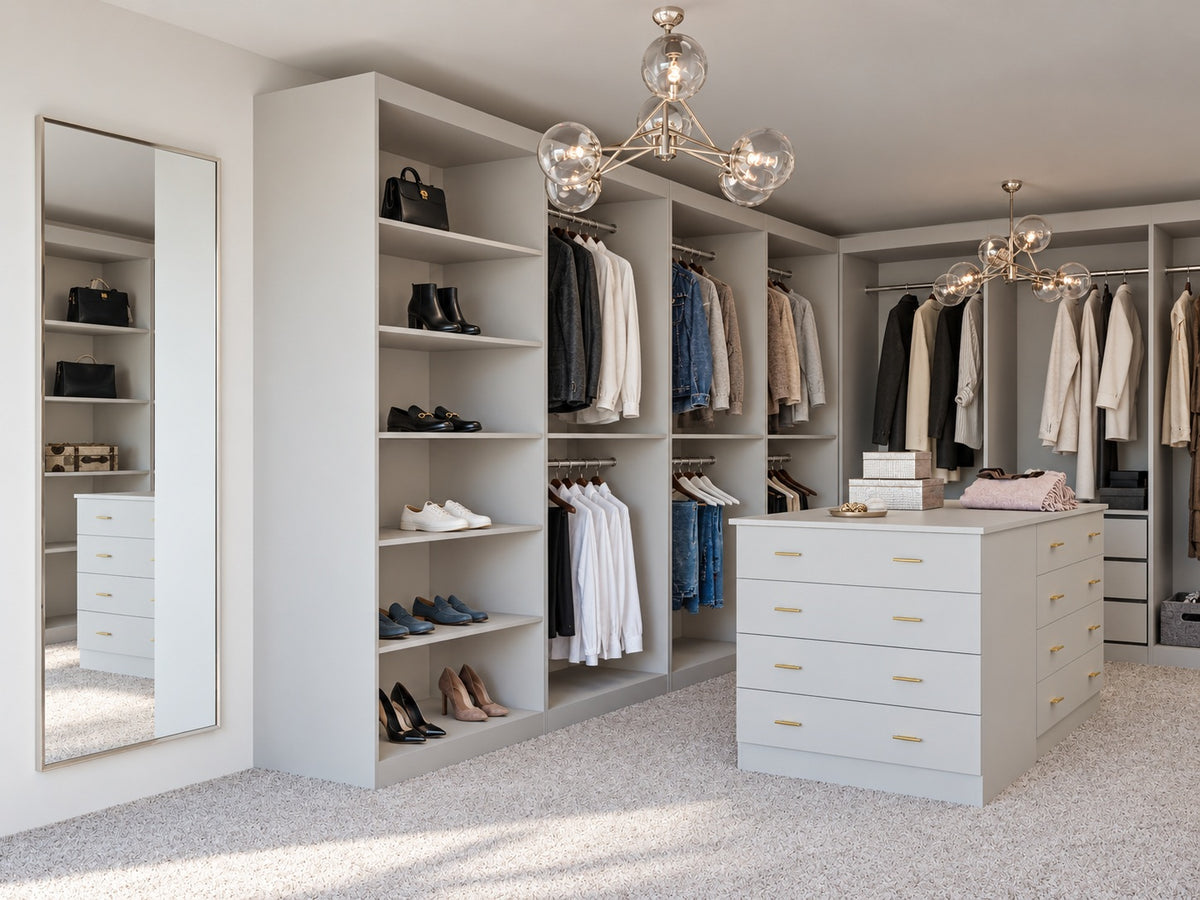 Light Grey walk-in wardrobe with open storage and four-drawer island