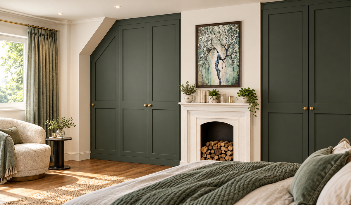 angled layout wardrobe furniture in a premium bedroom with natural light